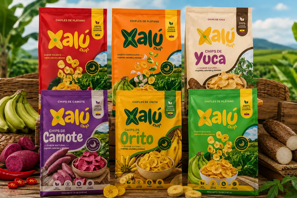 Las seis variedades de Xalú Chips sobre una mesa de madera